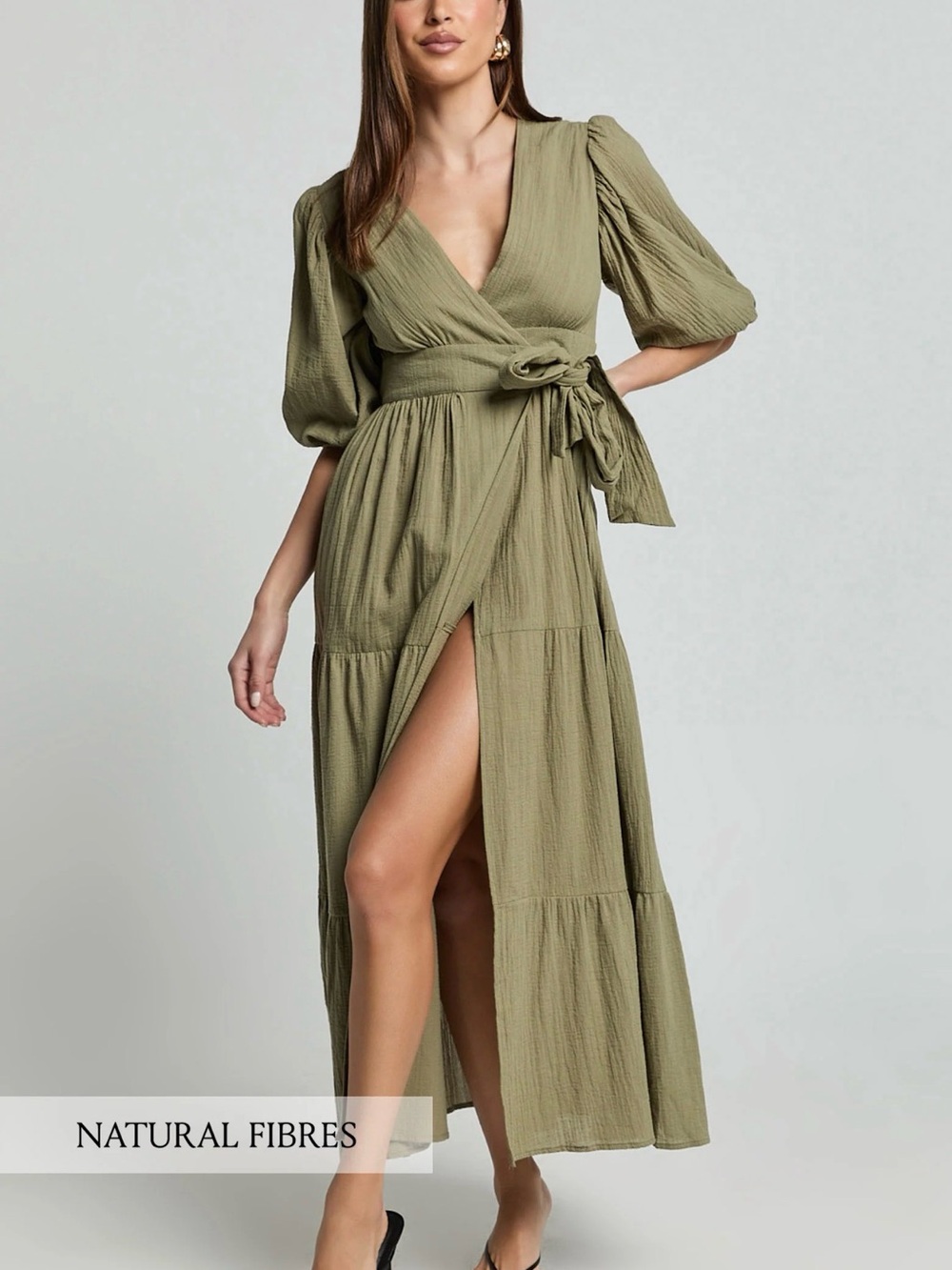 NWT Showpo Penelope Wrap Front Puff Sleeve Midi Dress – Olive Green